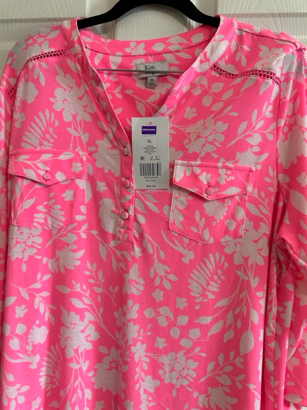 Kim Rogers Women's Pink Floral Split-Neck 3/4 Sleeve Top NWT XL - Picture 6 of 8